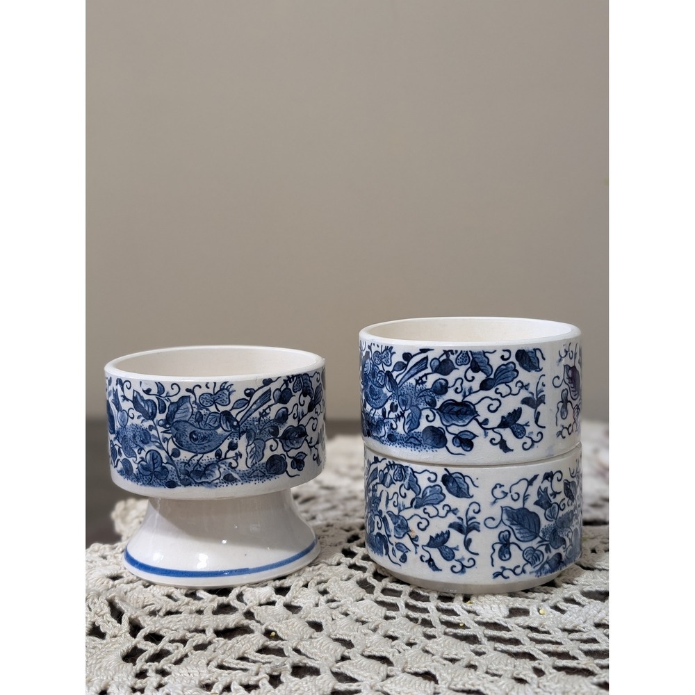 Unbranded Blue White Ceramic Egg Cup Stacking Bowls Set 3pc Japan Vintage Bird